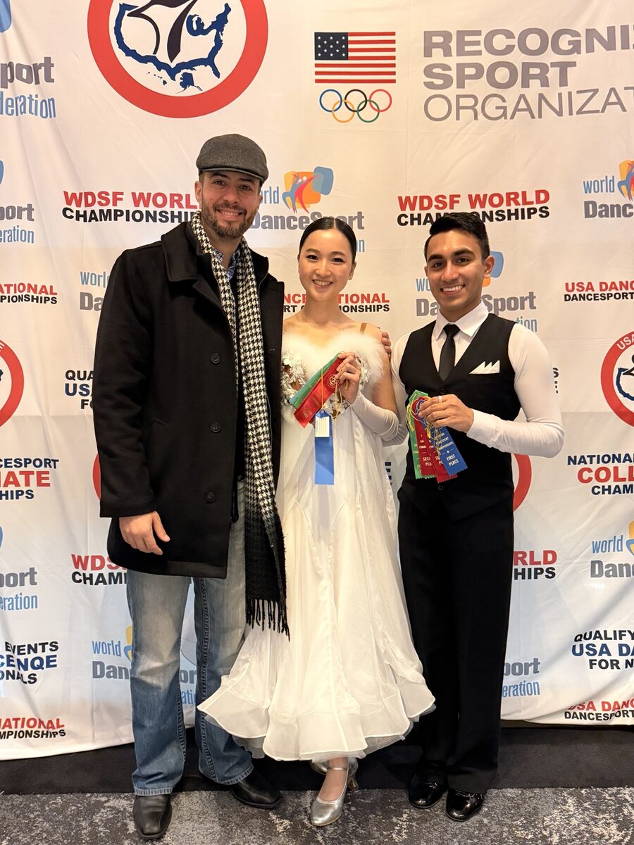 Rohit Nema and Yijia Shao with coach ‘Ikaika Dowsett at USA Dance Nationals 2025