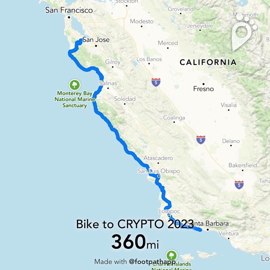 Map of the 360-mile cycling route from Stanford to CRYPTO 2023 in Santa Barbara